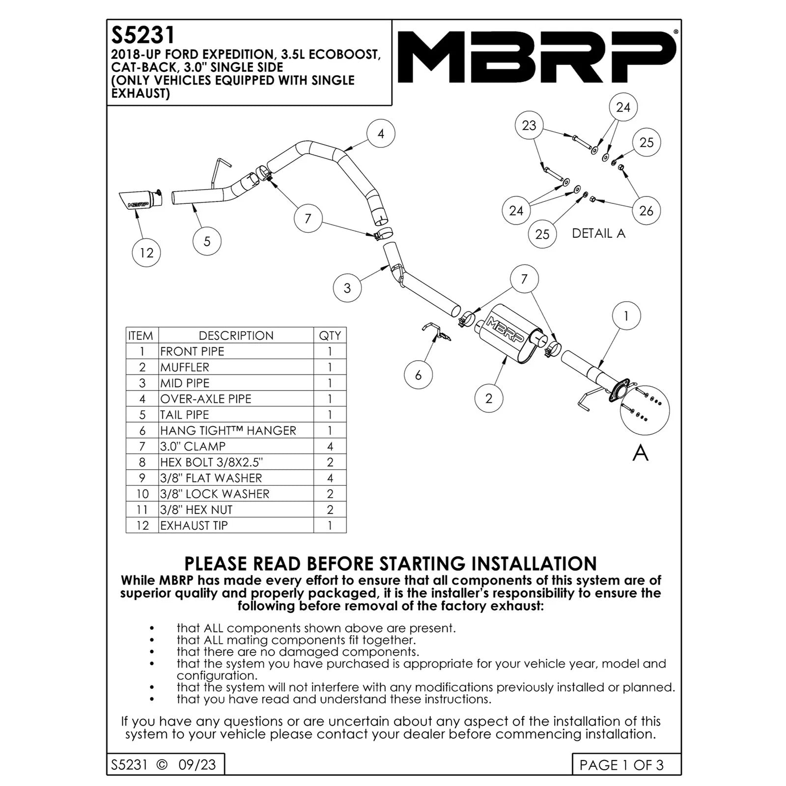 MBRP 3in Aluminized Steel Cat-Back Single Side | Ford Expedition 3.5L EcoBoost (18-21) (S5231AL)