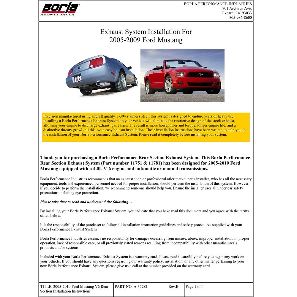 Borla 05-14 Mustang 4.0L V6 SS Exhaust Rear | RWD, 2dr, T-304 Stainless (11751)