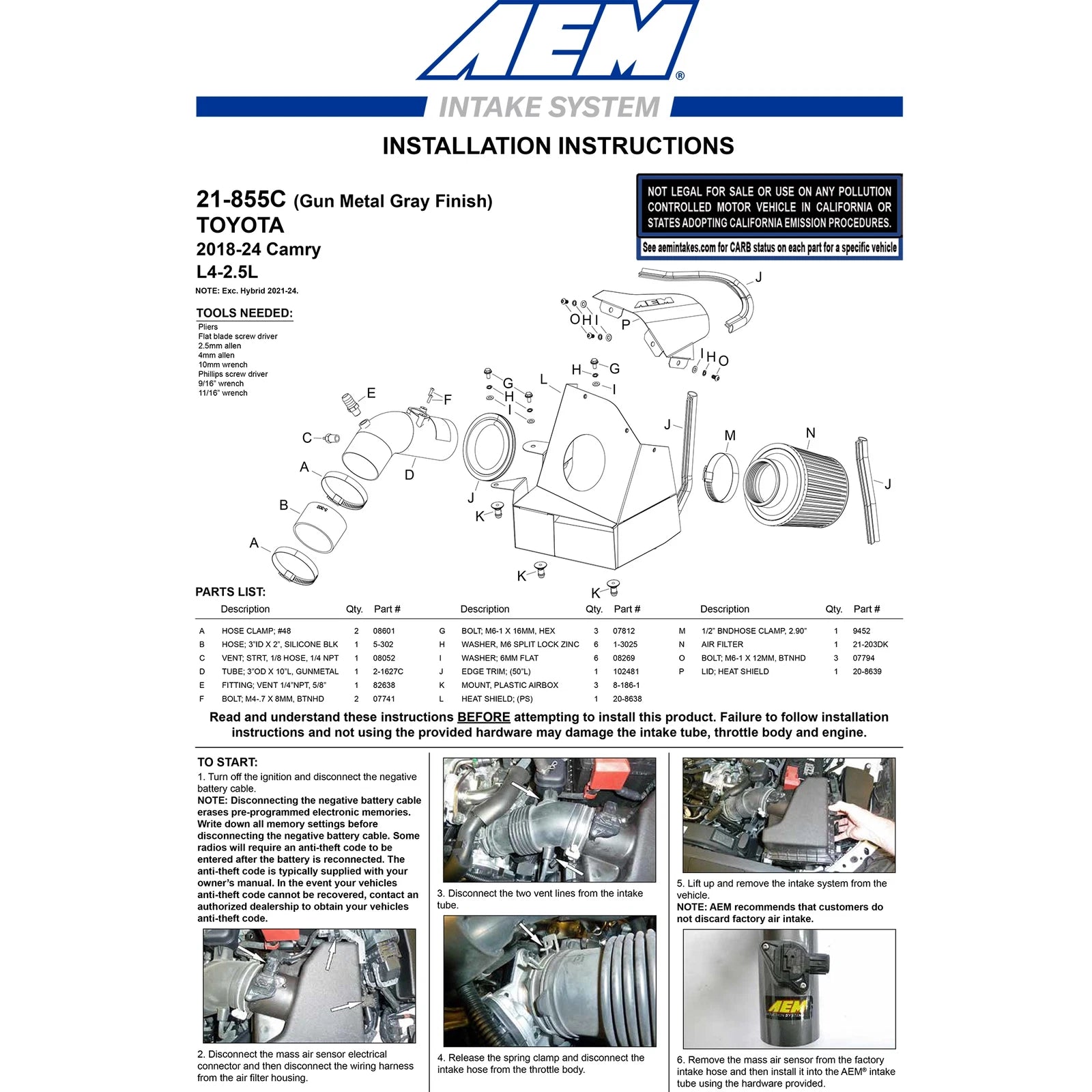 AEM 2018 C.A.S. Toyota Camry L4-2.5L F/I Cold Air Intake System | Toyota Camry (18) (21-855C)