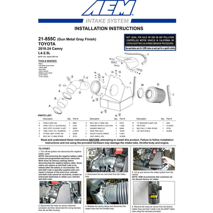AEM 2018 C.A.S. Toyota Camry L4-2.5L F/I Cold Air Intake System | Toyota Camry (18) (21-855C)
