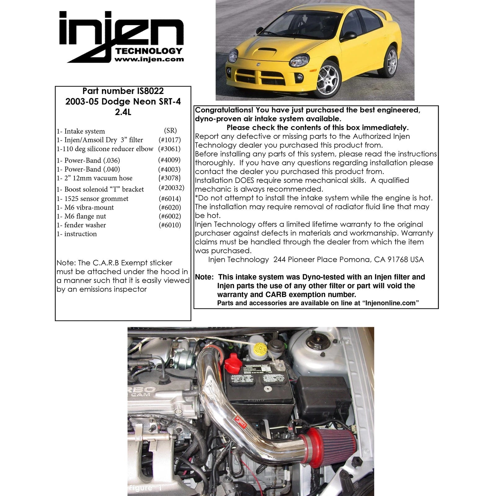 Injen Black Short Ram Intake | Dodge Neon SRT-4 (03-05) (IS8022BLK)