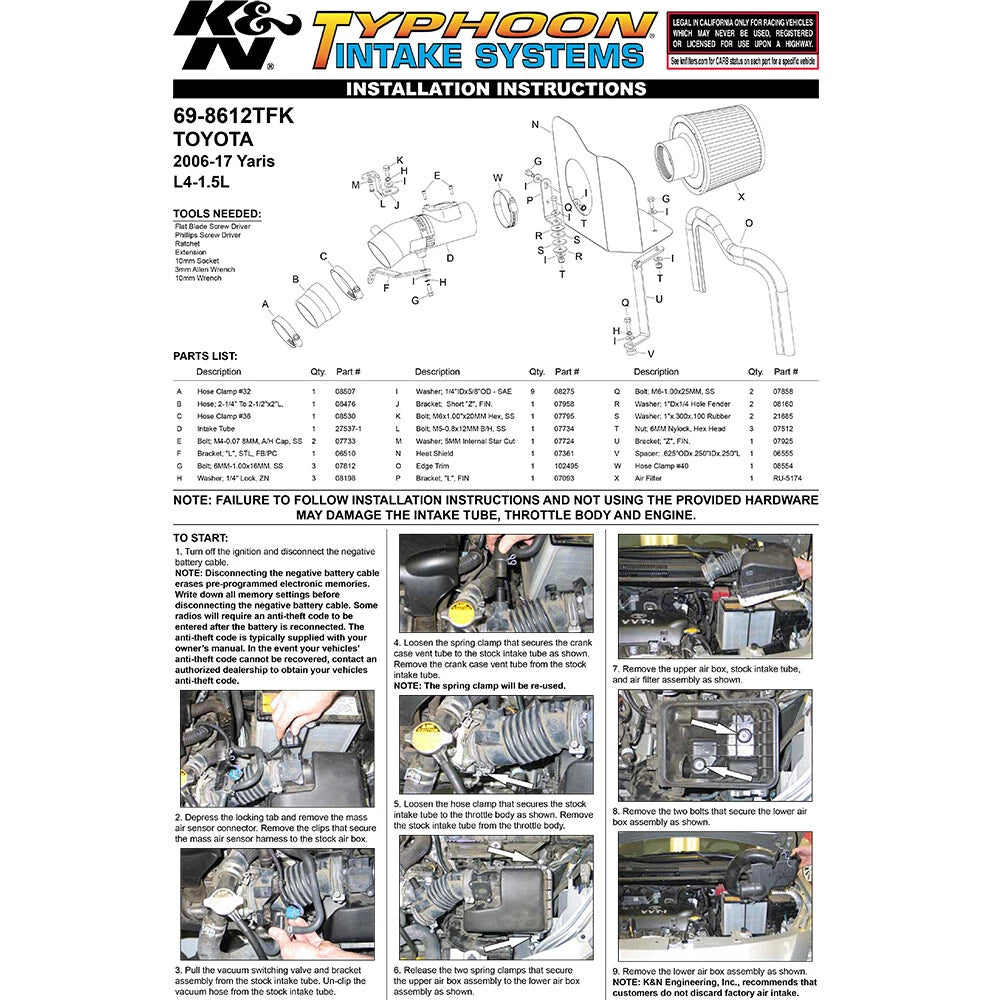 K&N Flat Black Typhoon Short Ram Intake | Toyota Yaris 1.5L (06-10) (69-8612TFK)