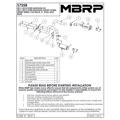 MBRP 3in D&S Rear Cat-Back Street Exhaust | Ford Mustang GT (11-14) (S7258409)