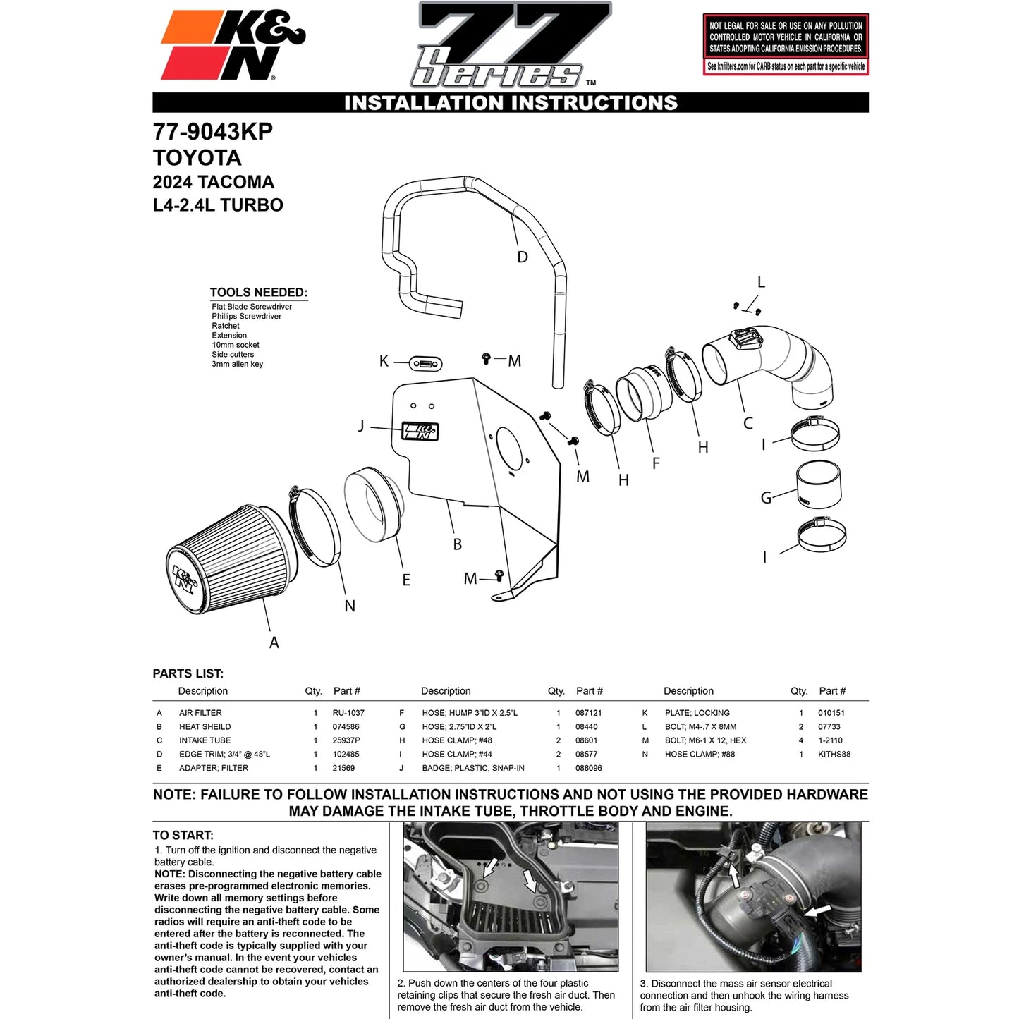 K&N 77 Series Air Intake | Toyota Tacoma (24) (77-9043KP)