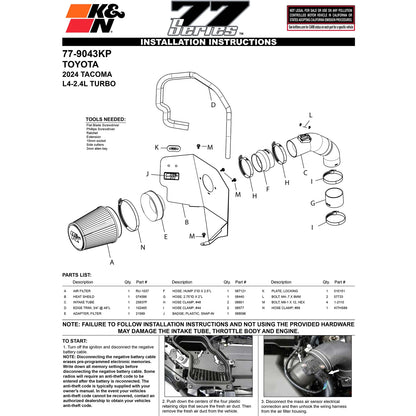 K&N 77 Series Air Intake | Toyota Tacoma (24) (77-9043KP)