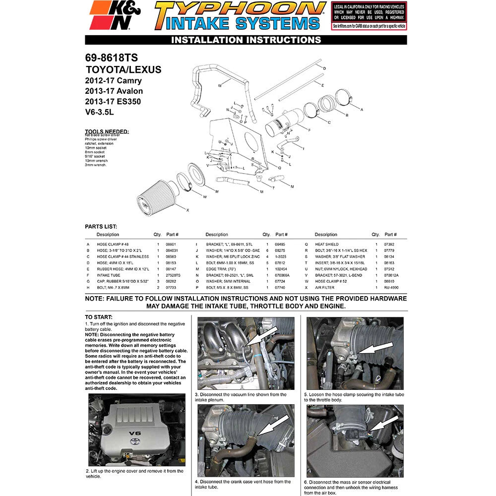 K&N 12 Short Ram Typhoon Intake | Toyota Camry (12) (69-8618TS)