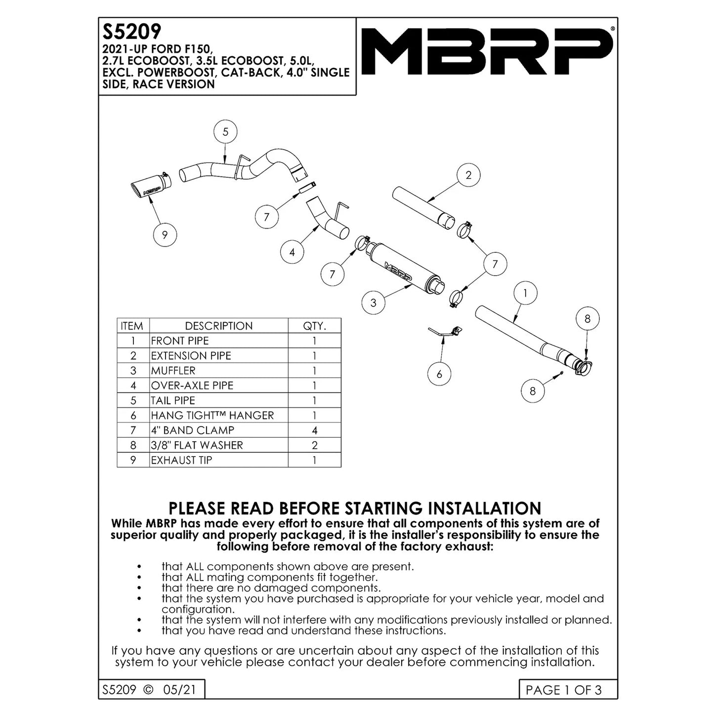 MBRP 4in T409 Stainless Steel Cat-Back Exhaust Race Version | Ford F150 (21+) (S5209409)