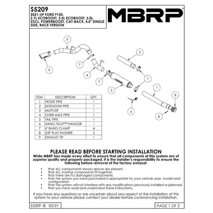 MBRP 4in T409 Stainless Steel Cat-Back Exhaust Race Version | Ford F150 (21+) (S5209409)