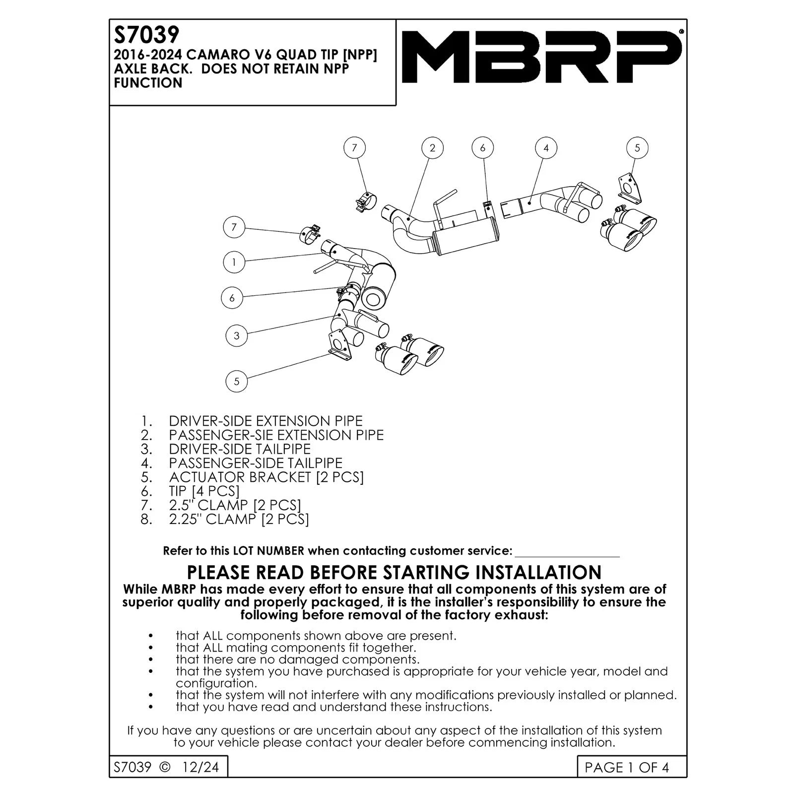 MBRP 2.5in BLK NPP Dual Axle-Back w/ 4in Quad Tips | Chevy Camaro V6 16-19 (S7039BLK)