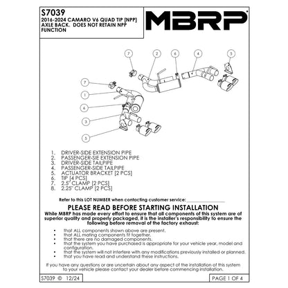 MBRP 2.5in BLK NPP Dual Axle-Back w/ 4in Quad Tips | Chevy Camaro V6 16-19 (S7039BLK)