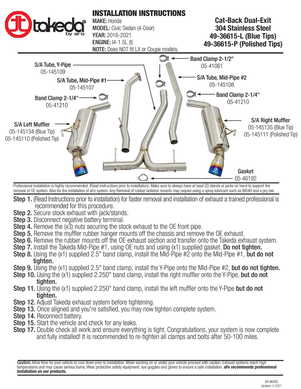 aFe Takeda 2.5-2.25in SS Dual-Exit Cat-Back | Honda Civic 1.5L Turbo (16-17) (49-36615-L)