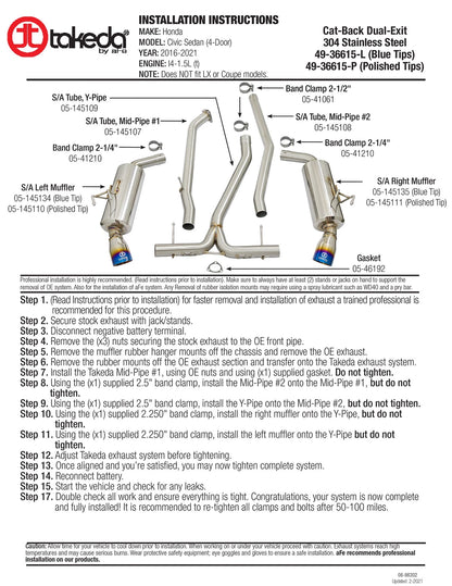 aFe Takeda 2.5-2.25in SS Dual-Exit Cat-Back | Honda Civic 1.5L Turbo (16-17) (49-36615-L)