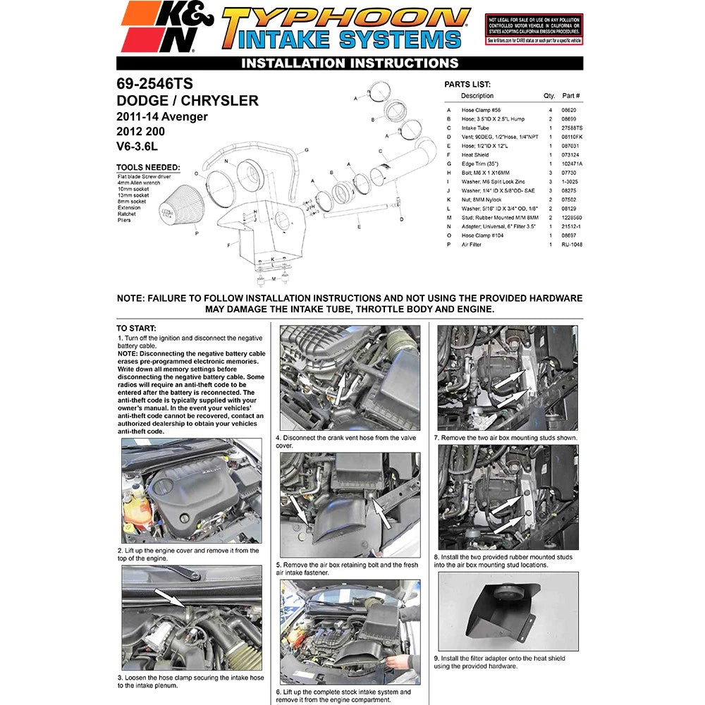 K&N Engineering Silver Typhoon Intake: Dodge Avenger 2011 - 2013 3.6L V6