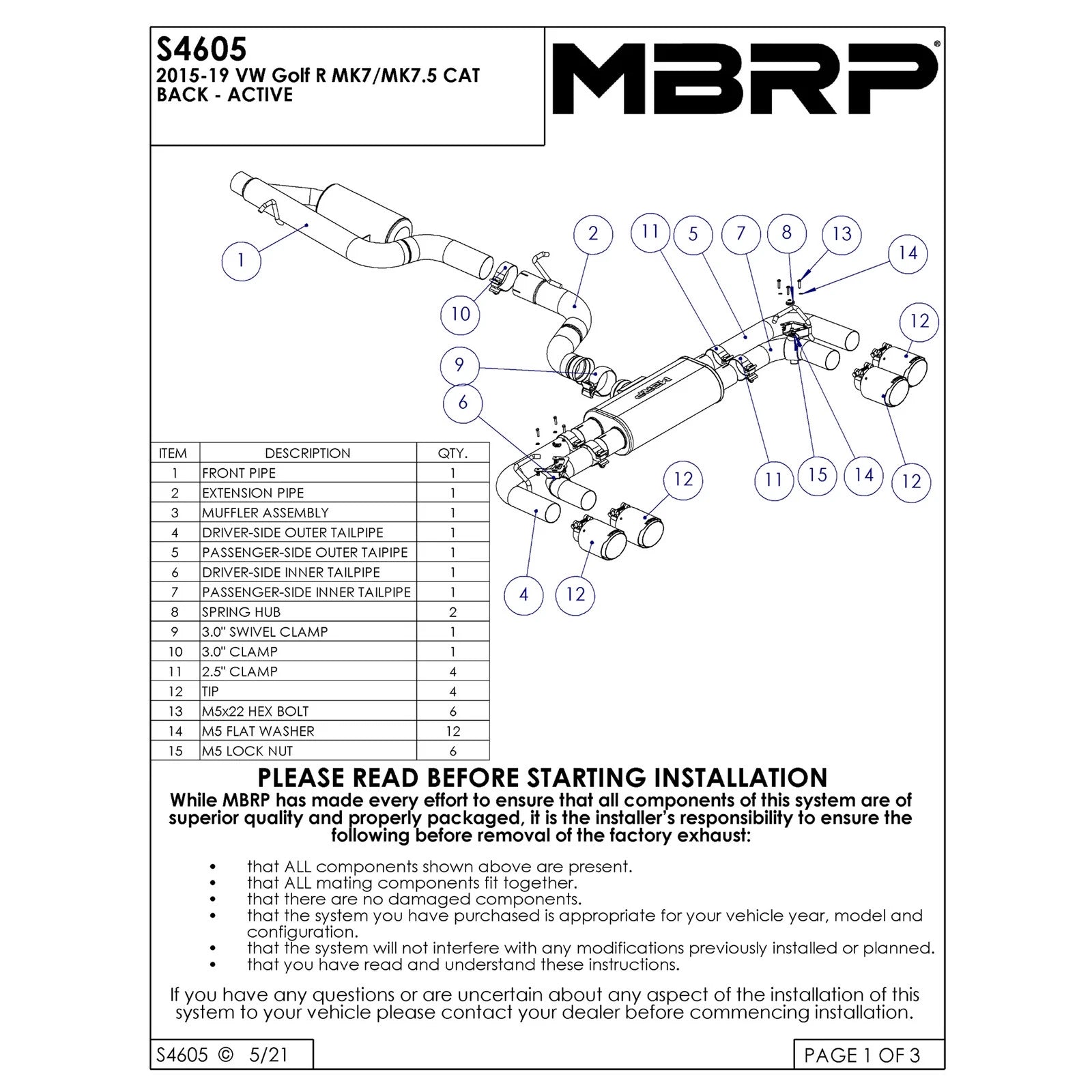 MBRP Cat-Back Exhaust System | 2015-2019 Volkswagen Golf R (S46053CF)