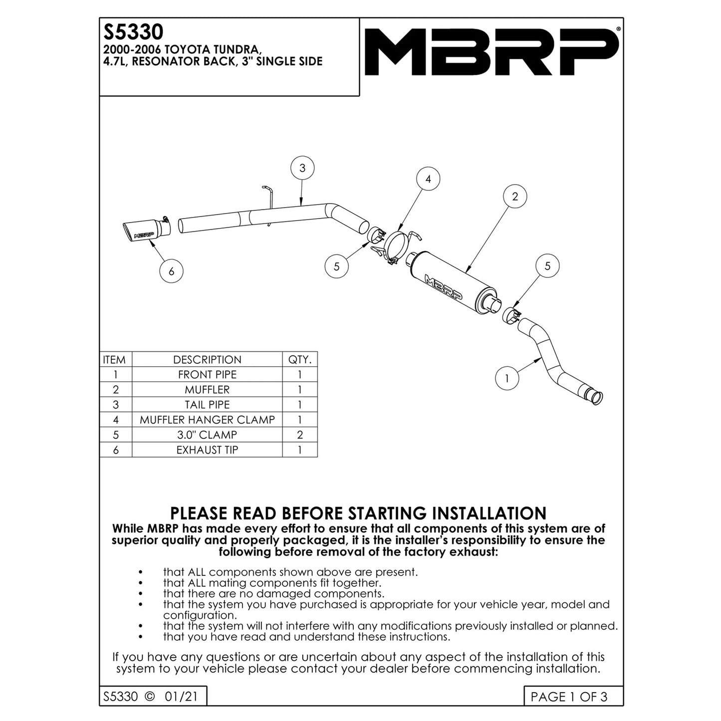 MBRP 3in Resonator Back Single Side Exhaust | Toyota Tundra 4.7L (00-06) (S5330AL)