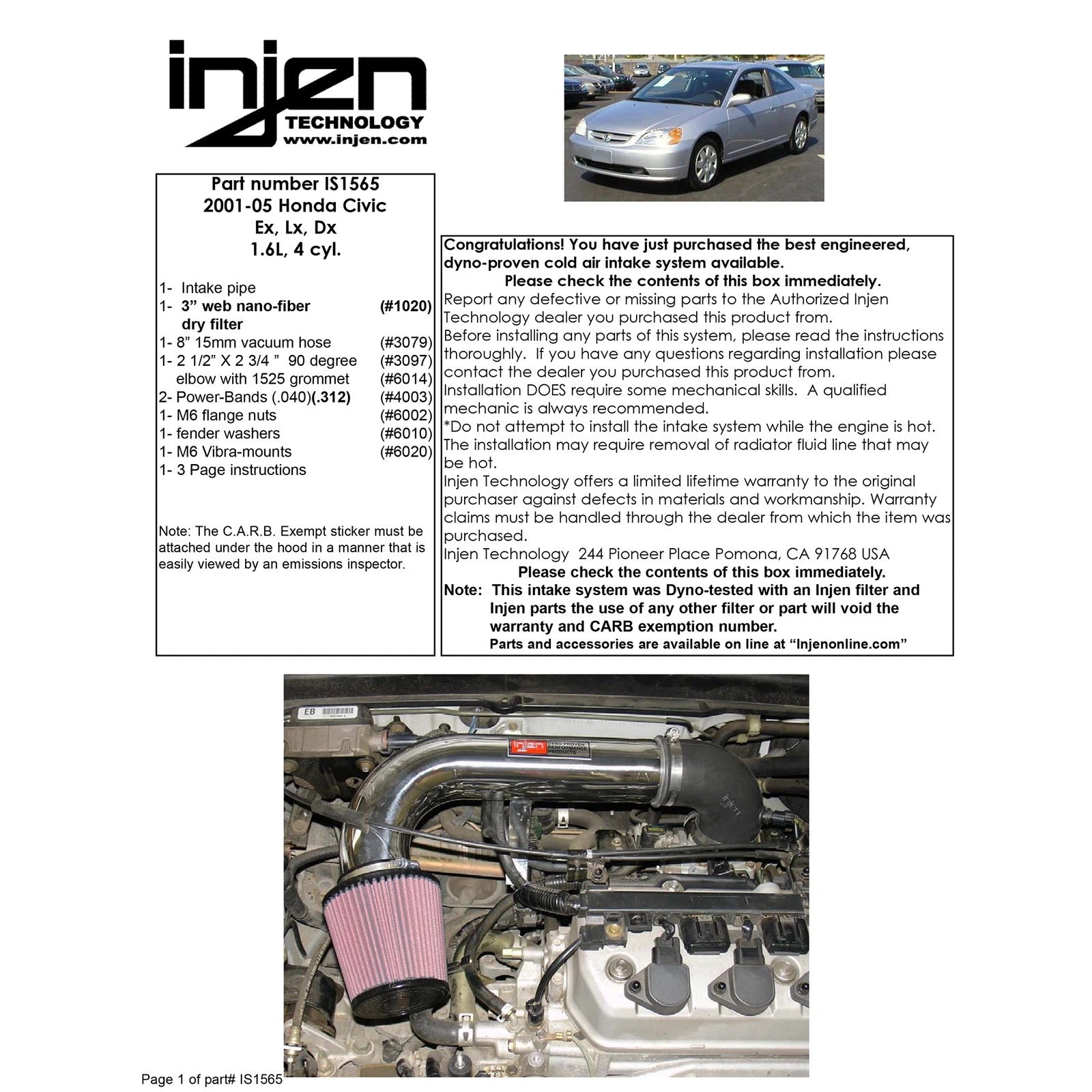 Injen Polished Short Ram Intake System | Honda Civic DX/LX/EX/HX (01-04) (IS1565P)