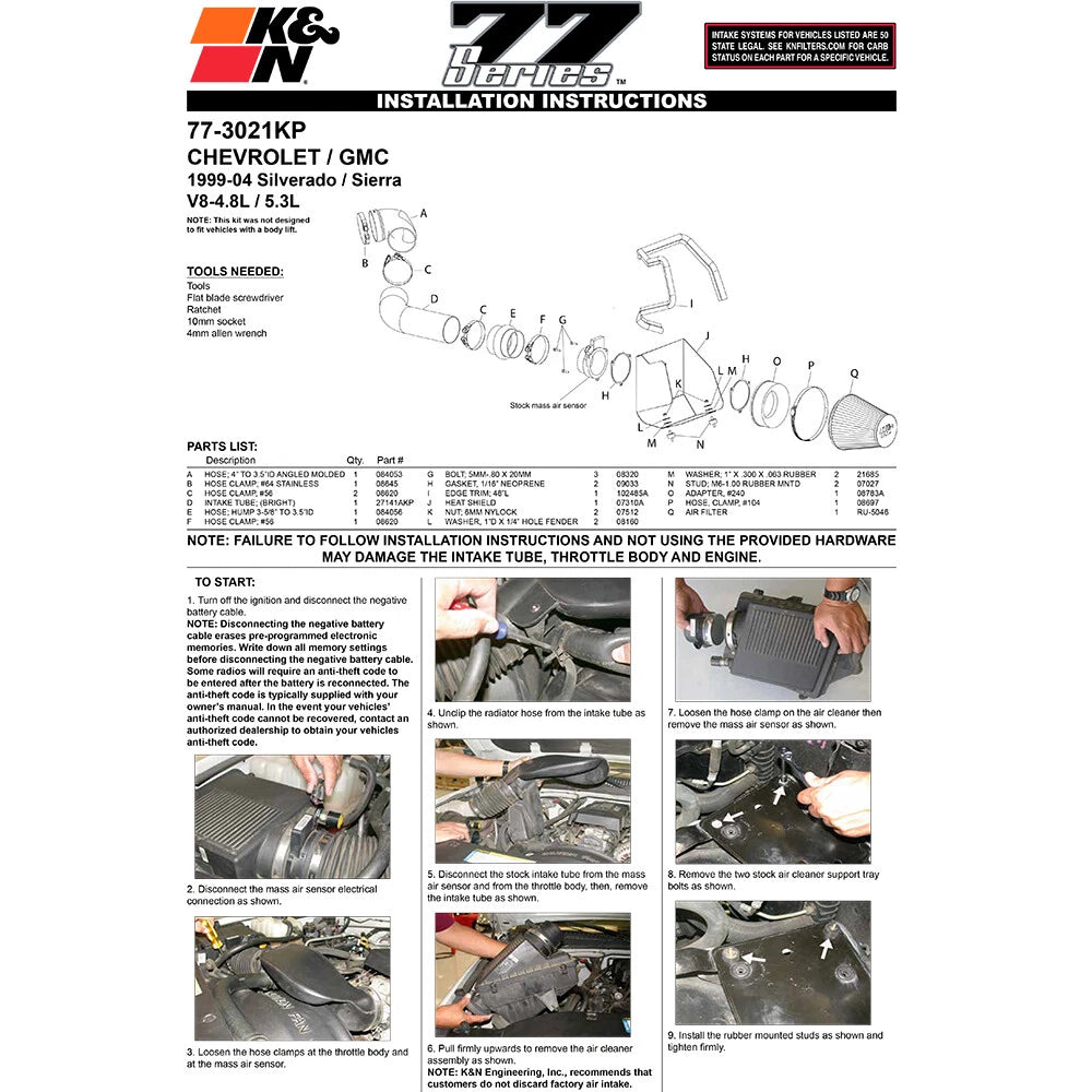 K&N High Flow Performance Kit | Chevy Silverado (99-04) V8 4.8/5.3L (77-3021KP)