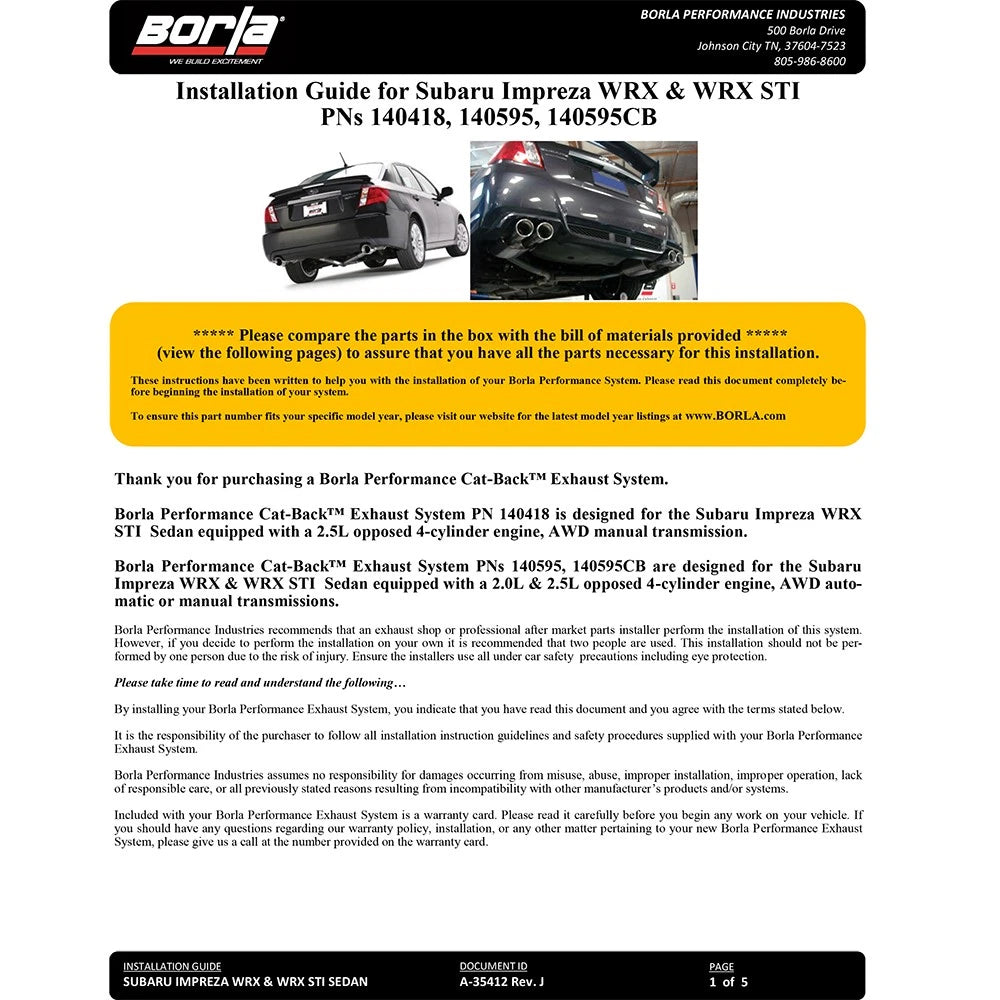 Borla S-Type Cat-Back Exhaust | 2015-2020 Subaru WRX/STI (140595)