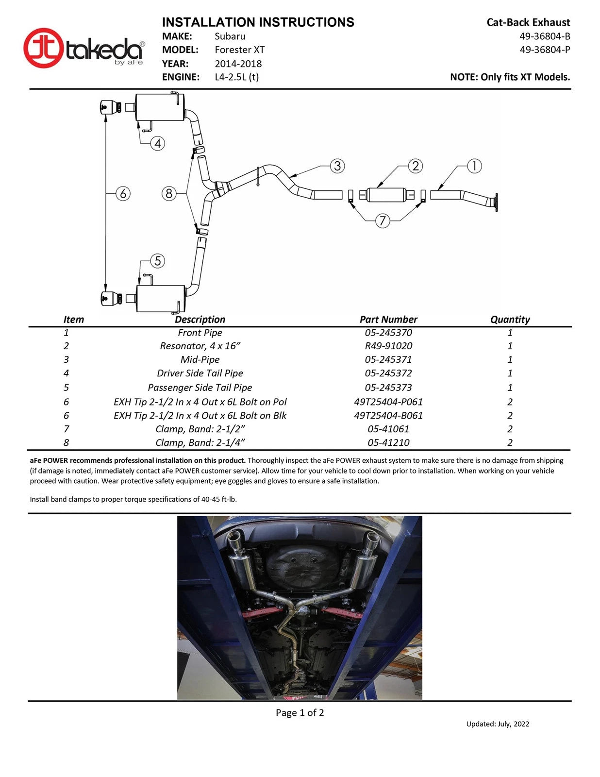 aFe Takeda 2.5in to 2.25in 304 SS Cat-Back Exhaust w/ Black Tips Subaru Forester 14-18 (49-36804-B)