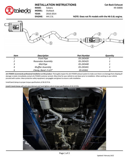 aFe Takeda 2.25-2.5in SS Cat-Back Exhaust | Subaru Outback (10-14) (49-36806)