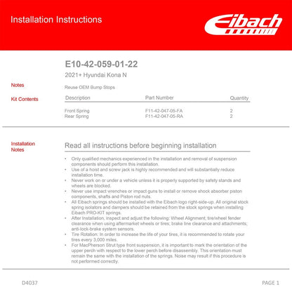 Eibach E10-42-059-01-22 PRO-KIT Front Rear Lowering Springs for 21-23 Kona N FWD