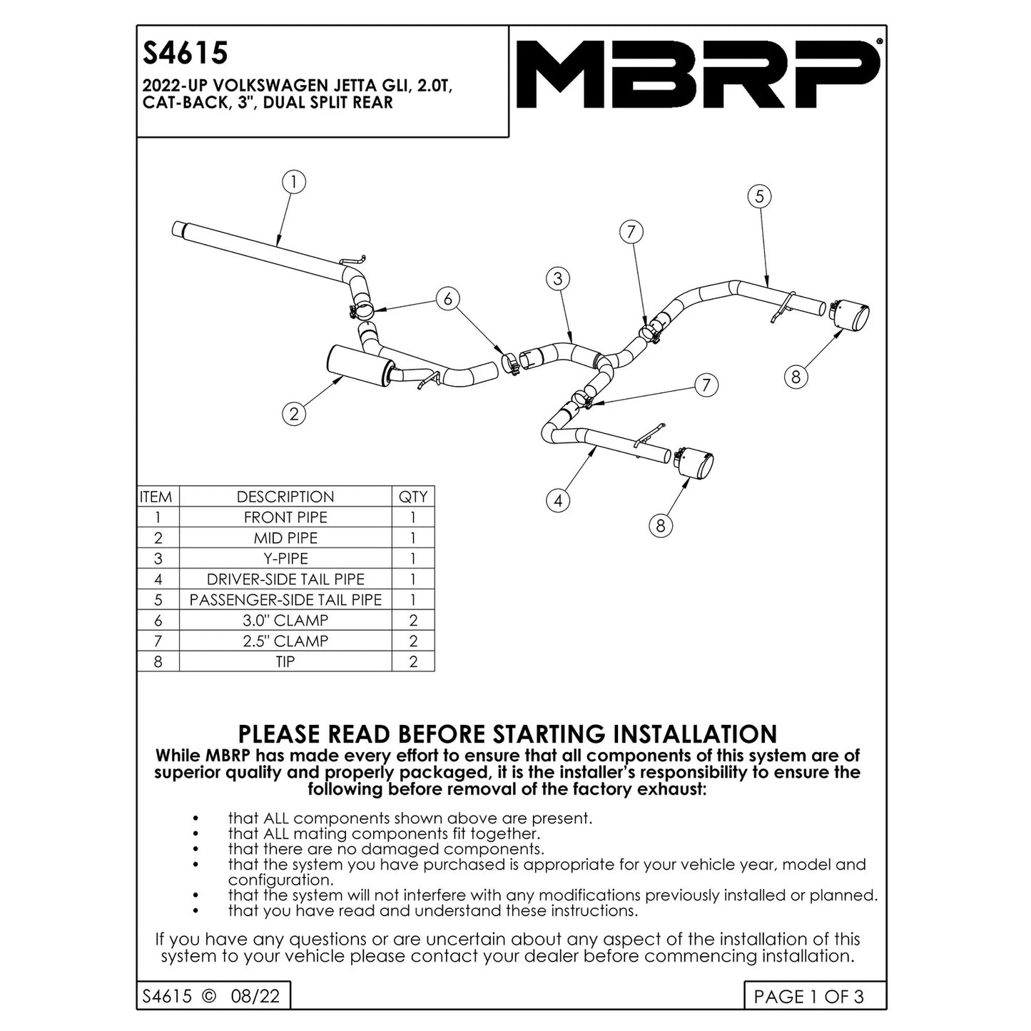 MBRP 3in/2.5in Cat-Back Dual Rear Exit Exhaust T304 | Volkswagen Jetta GLI (22) (S4615304)