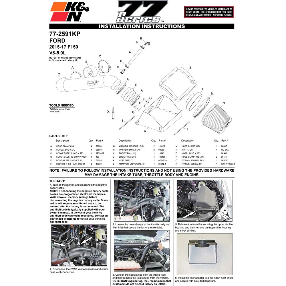 K&N High Flow Performance Intake Kit | Ford F150 (15) (77-2591KP)