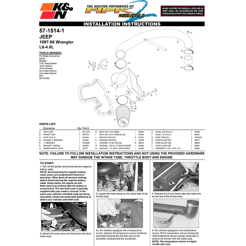 K&N Performance Intake Kit | 1997-2006 Jeep Wrangler (57-1514-1)
