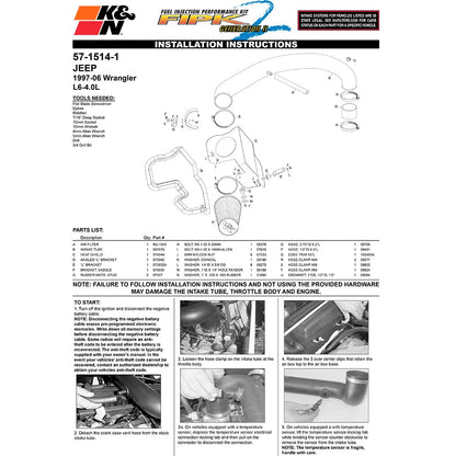 K&N Performance Intake Kit | 1997-2006 Jeep Wrangler (57-1514-1)