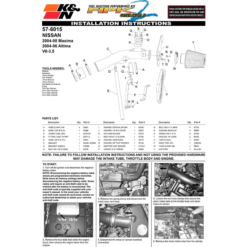 K&N Performance Intake Kit | Nissan Altima 3.5L V6 (04-06) / Maxima 3.5L V6 (04-08) (57-6015)