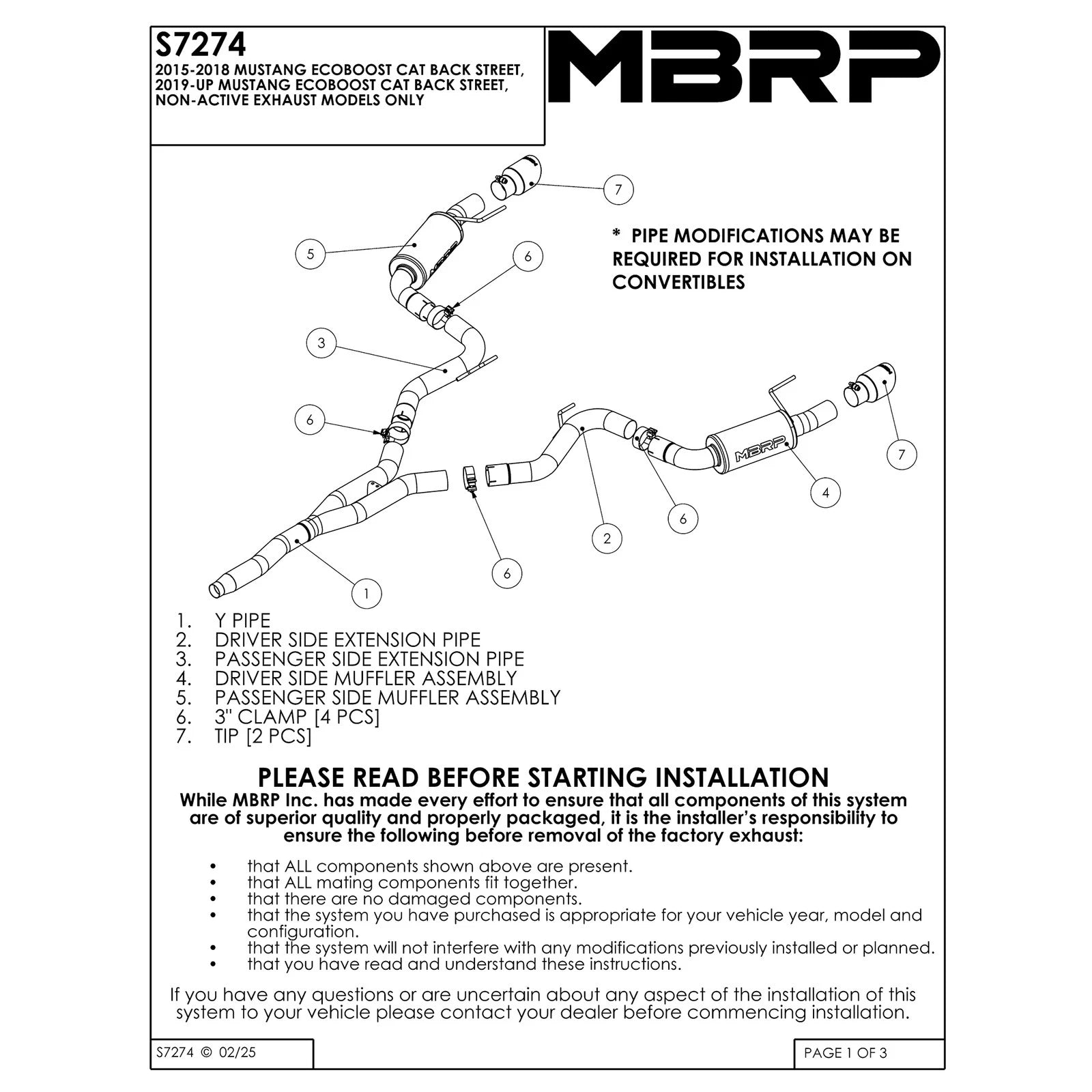 MBRP T409 Stainless Steel 3" Cat-Back - Dual Split Exit | 2015-2024 Ford Mustang EcoBoost (S7274409)