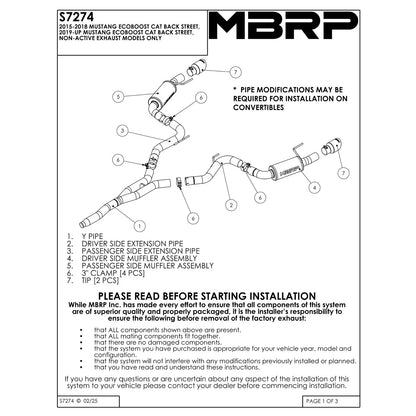 MBRP T409 Stainless Steel 3" Cat-Back - Dual Split Exit | 2015-2024 Ford Mustang EcoBoost (S7274409)