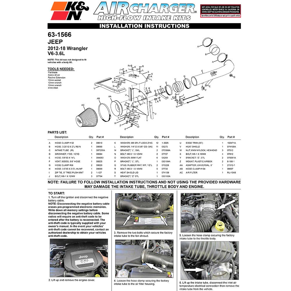 K&N AirCharger Performance Intake Kit | Jeep Wrangler 3.6L-V6 (63-1566)