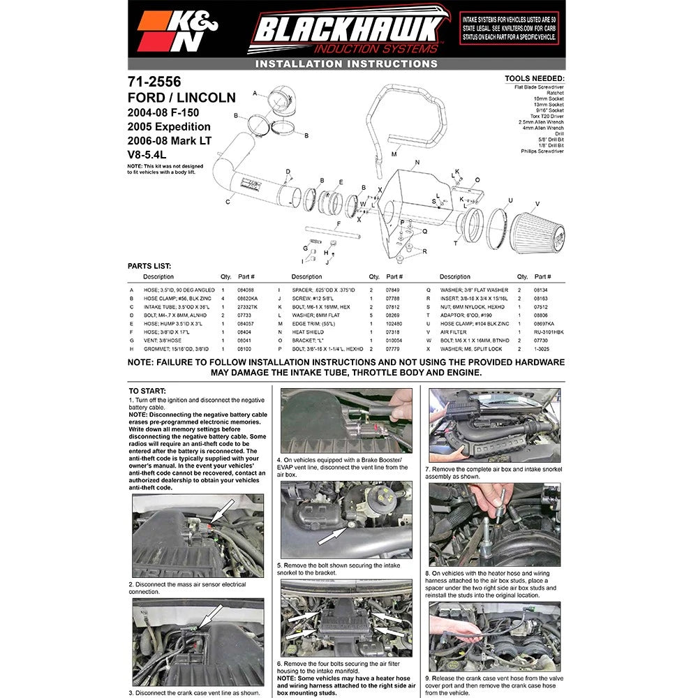 K&N 04-08 Ford F150 V8-5.4L/ Lobo 5.4L V8 Blackhawk Performance Intake Kit | Ford F150 (04-08) / Lobo (04-07) (71-2556)