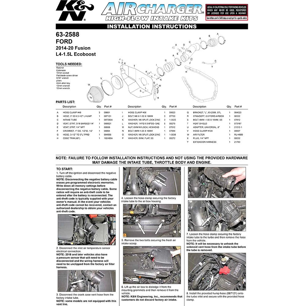 K&N 14-15 Ford Fusion 1.5L Air Charger Performance Intake | Ford Fusion (14-15) (63-2588)