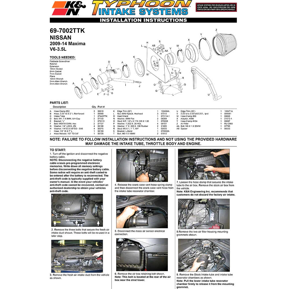 K&N Performance Intake Kit | 2009-2014 Nissan Maxima (69-7002TTK)