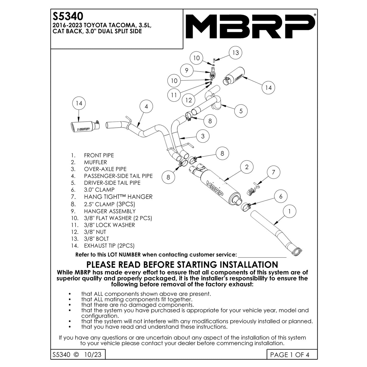 MBRP 3in. Cat-Back Dual Split Side Exit T409 Exhaust | Toyota Tacoma 3.5L EC/CC (16) (S5340409)