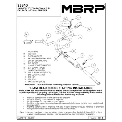 MBRP 3in. Cat-Back Dual Split Side Exit T409 Exhaust | Toyota Tacoma 3.5L EC/CC (16) (S5340409)