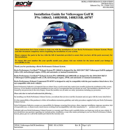 Borla S-Type Cat-Back Exhaust | 2015-2017 VW Golf R Mk7 (140643)