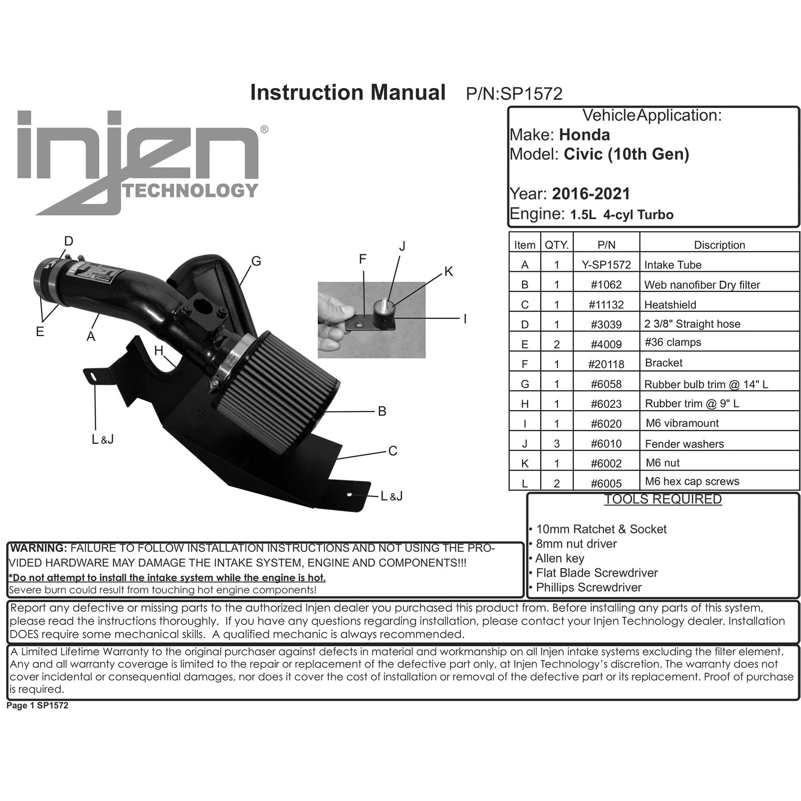 Injen Short Ram Intake | Honda Accord / Pilot / Element / Civic VIII/IX/X / Acura RLX (03-22) (SP1572WR)