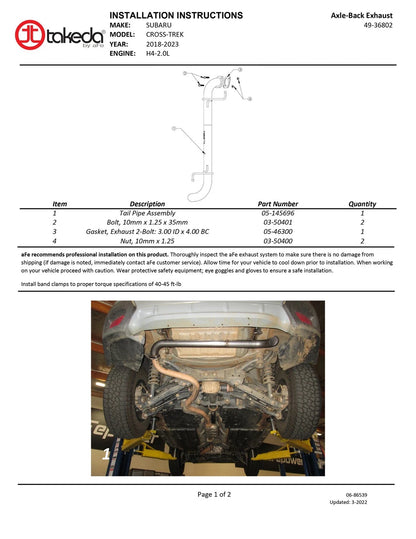 aFe Takeda 2.5in SS Axle-Back Exhaust | Subaru Crosstrek 18-23 2.0L (49-36802)
