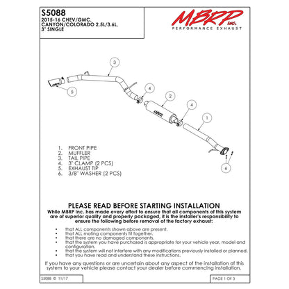 MBRP 3in D&S Cat-Back Exhaust | Colorado/Canyon 2.5L & 3.6L (15-16) (S5088AL)