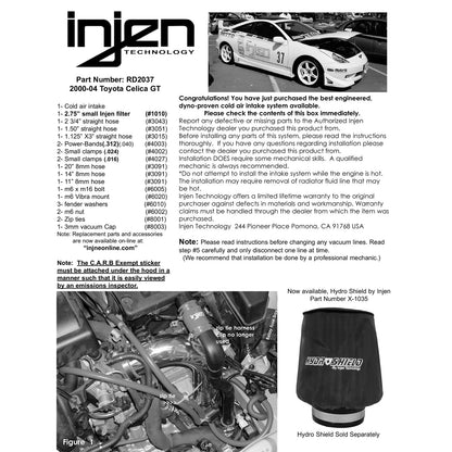 Injen Cold Air Intake System | 2000 - 2005 Toyota Celica (RD2037BLK)