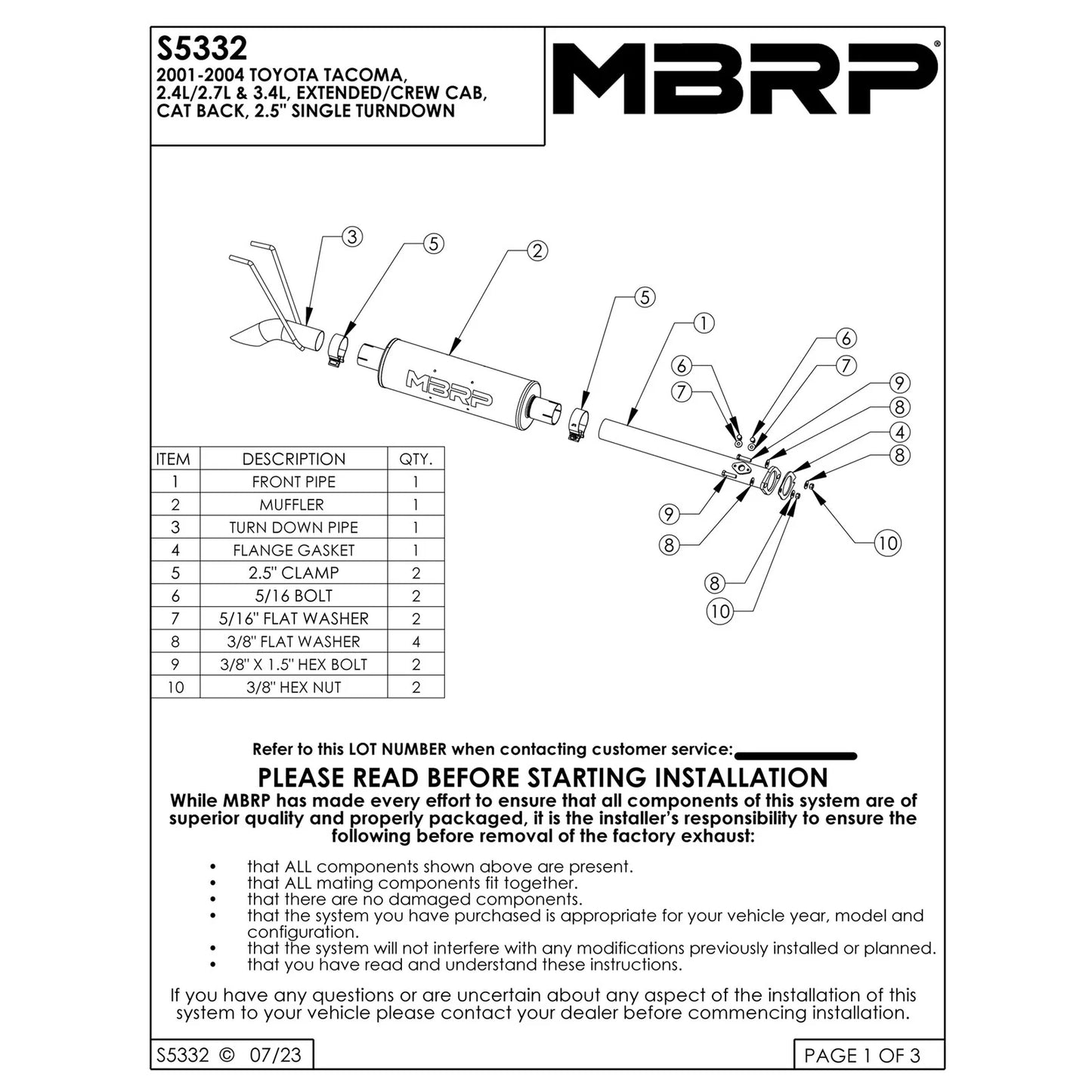 MBRP 2.5in Cat-Back Single Turn Down Exhaust | Toyota Tacoma (01-05) (S5332409)