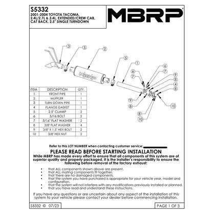MBRP 2.5in Cat-Back Single Turn Down Exhaust | Toyota Tacoma (01-05) (S5332409)