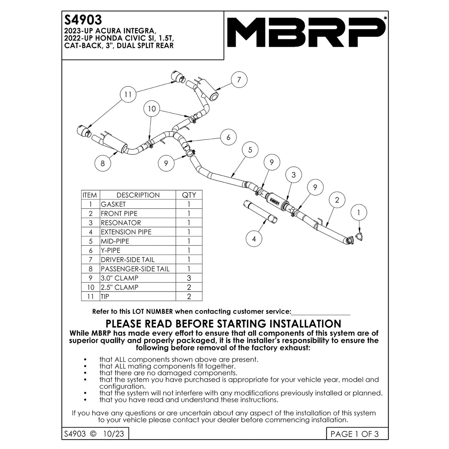 MBRP 3in Cat-Back Exhaust 2.5in Dual Split Rear w/ Burnt End Tips | Honda Civic SI (22-24) (S49033BE)