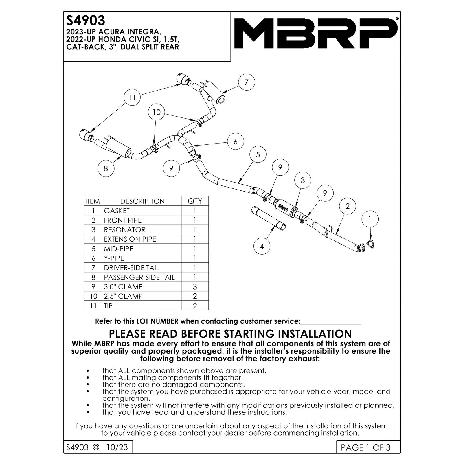 MBRP 3in Cat-Back Exhaust 2.5in Dual Split Rear w/ Burnt End Tips | Honda Civic SI (22-24) (S49033BE)