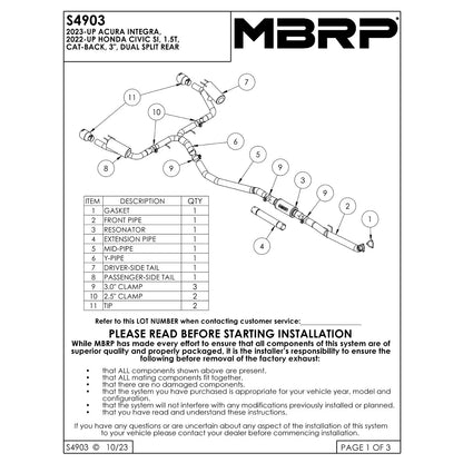 MBRP 3in Cat-Back Exhaust 2.5in Dual Split Rear w/ Burnt End Tips | Honda Civic SI (22-24) (S49033BE)