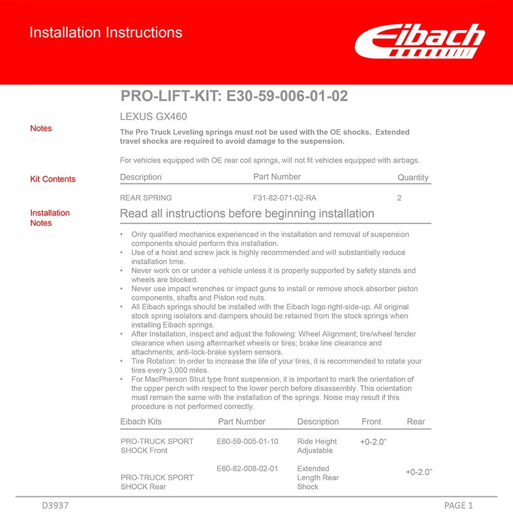 Eibach Pro-Lift Rear Suspension Lift Kit for 2010-2020 Lexus GX460