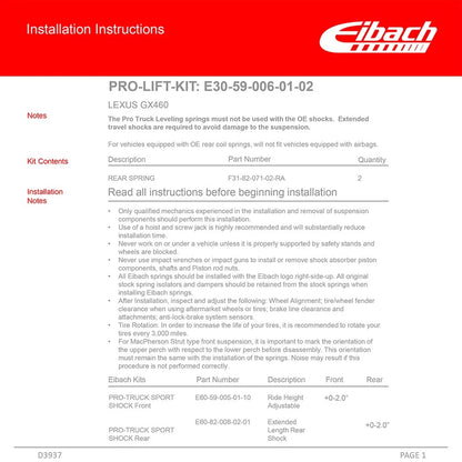 Eibach Pro-Lift Rear Suspension Lift Kit for 2010-2020 Lexus GX460